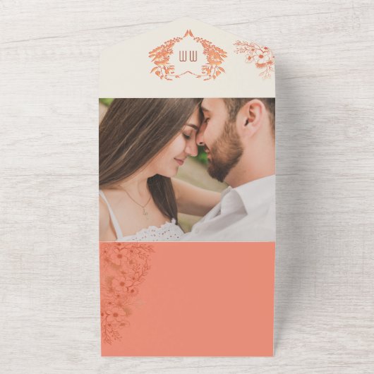 Rustikale Pfirsichbläschen Monogramm Hochzeit All In One Einladung (Außenbereich)