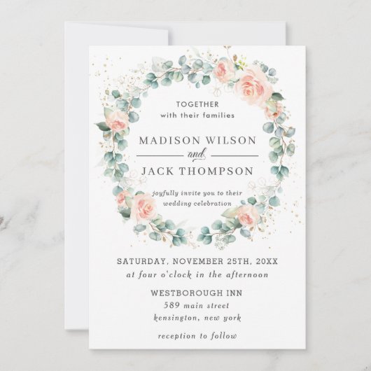 Rustikale Pfirsichblüte Blumengrün Trauung Einladung (Vorderseite)