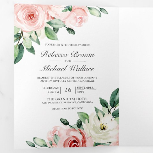 Rustikale Pfirsichblüte in einem QR-Code Hochzeit Dreifach Gefaltete Einladung (Innen Erste Seite)