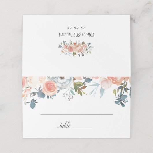 Rustikale Pfirsichfarbenfallen Blumenhochzeit Platzkarte (Außenseite Aufgefaltet)