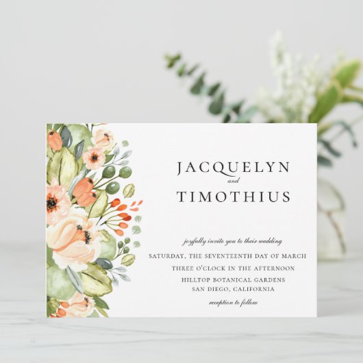 Rustikale Pfirsichgartenhochzeit Einladung (Stehend Vorderseite)