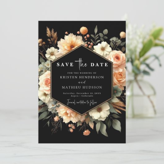 Rustikale Pfirsichhochzeit Save The Date (Stehend Vorderseite)