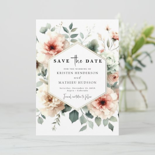 Rustikale Pfirsichhochzeit Save The Date (Stehend Vorderseite)