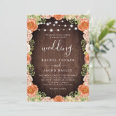 Rustikale Pfirsichkorallen Grünpflanzen Hochzeit i Einladung (Stehend Vorderseite)