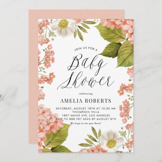 Rustikale Pfirsichwasser Hydrangeas Babydusche Einladung (Vorne/Hinten)