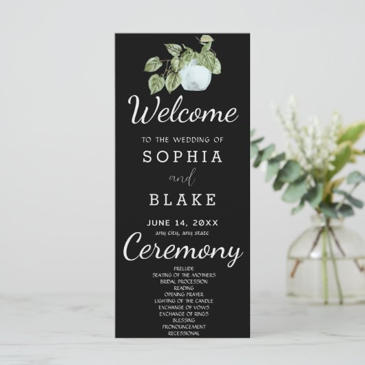 Rustikale Pflanze Blätter Black Wedding Programm (Stehend Vorderseite)