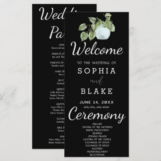 Rustikale Pflanze Blätter Black Wedding Programm (Vorne/Hinten)