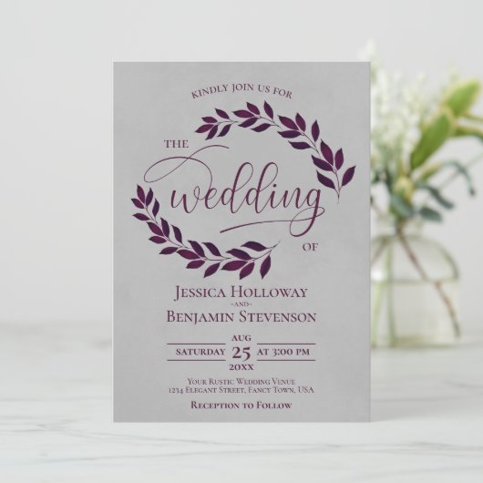 Rustikale Pflaume Lila Blätter Elegante Grau Hochz Einladung (Stehend Vorderseite)