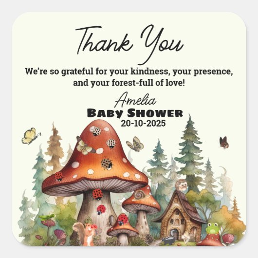Rustikale Pilze Woodland Babydusche Danke Quadratischer Aufkleber (Vorderseite)
