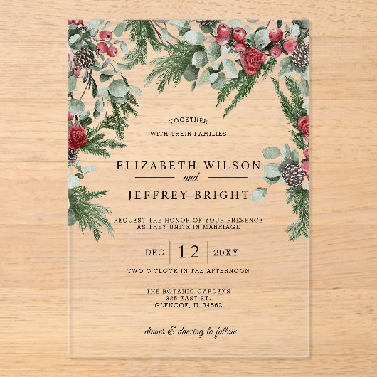 Rustikale Pine Berries Winterweihnachtsfeier Acryleinladungen (Vorderseite)