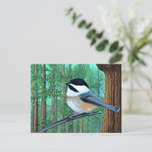 Rustikale Pine Chickadee Postkarte (Stehend Vorderseite)
