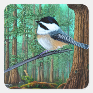 Rustikale Pine Chickadee Quadratischer Aufkleber