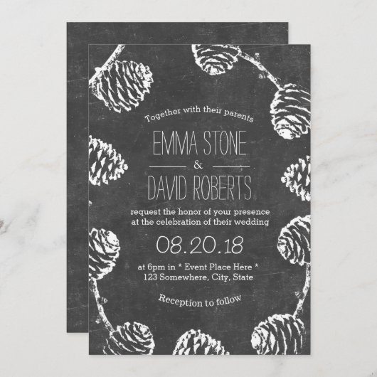 Rustikale Pine Cones Chalkboard Hochzeit Einladung (Vorne/Hinten)
