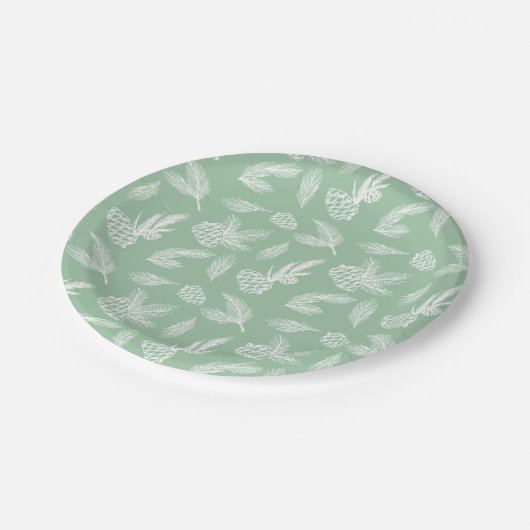 Rustikale Pine Cones Muster Weiß & Mint Servieren Pappteller (Schrägansicht)