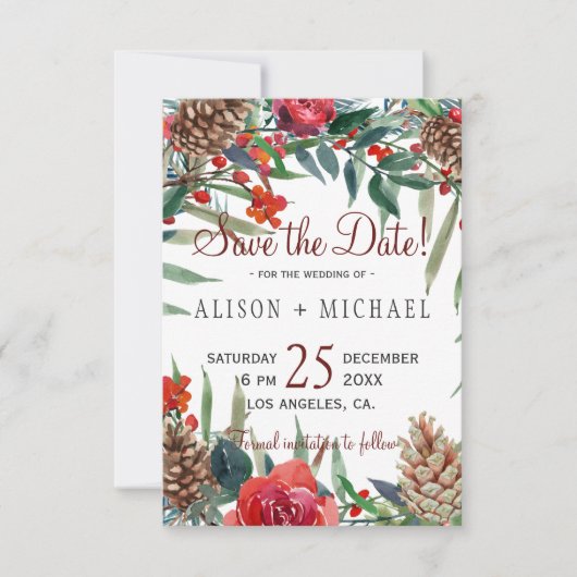 Rustikale Pine Cones Winter Floral Weihnachten Hoc Save The Date (Vorderseite)