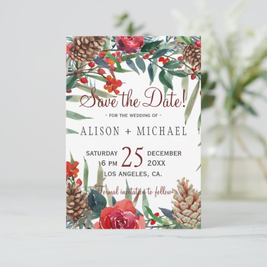 Rustikale Pine Cones Winter Floral Weihnachten Hoc Save The Date (Stehend Vorderseite)