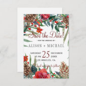 Rustikale Pine Cones Winter Floral Weihnachten Hoc Save The Date (Vorne/Hinten)