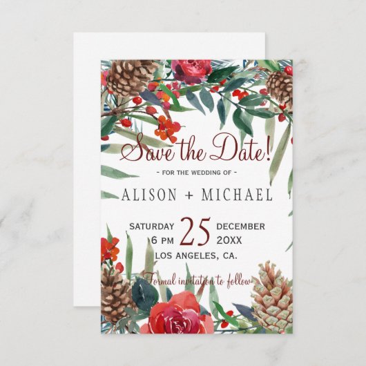 Rustikale Pine Cones Winter Floral Weihnachten Hoc Save The Date (Vorne/Hinten)
