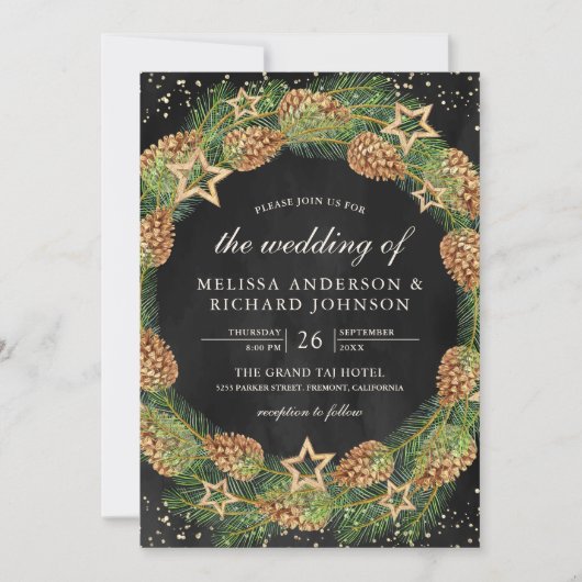 Rustikale Pine Cones Wreath Black Christmas Einladung (Vorderseite)