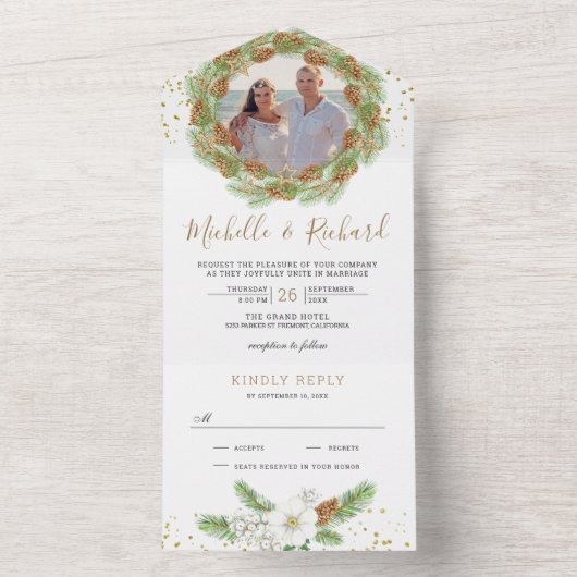 Rustikale Pine Cones Wreath Foto Weihnachtsfeier All In One Einladung (Innen Boden)