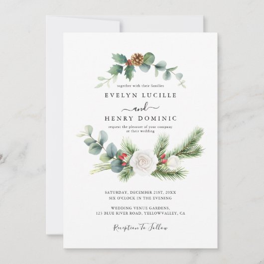 Rustikale Pine Eukalyptus Grüne Moderne Hochzeit Einladung (Vorderseite)