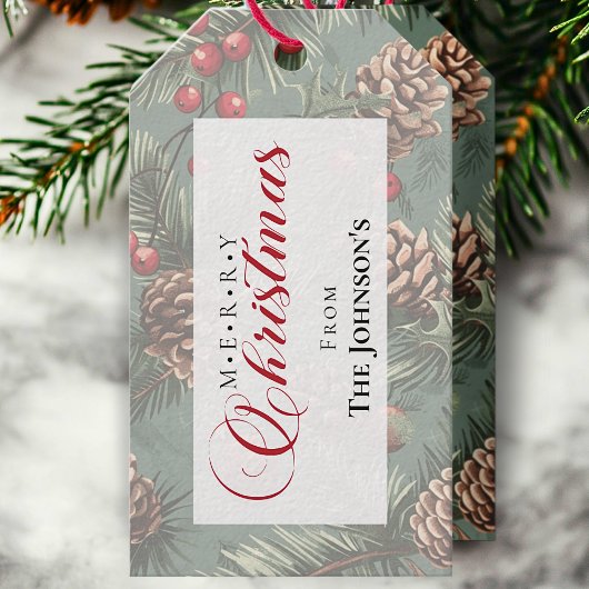 Rustikale Pine Frohe Weihnachtskalligraphie Geschenkanhänger