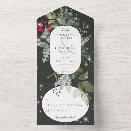 Rustikale Pine & Holly Winter Sparkone All In One Einladung (Innen Boden)