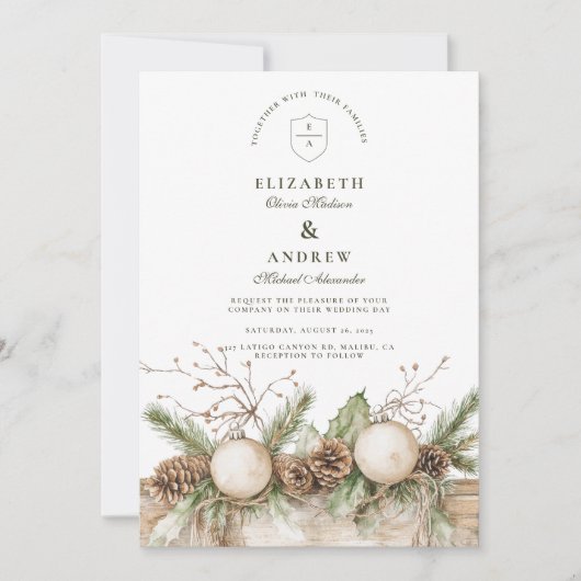 Rustikale Pine Ornament Winterhochzeit Einladung (Vorderseite)