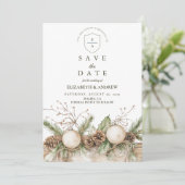 Rustikale Pine Ornament Winterhochzeit Save The Date (Stehend Vorderseite)