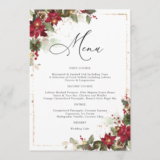 Rustikale Pine Poinsettia Blumenhochzeit Menükarte (Vorderseite)