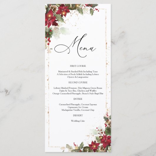Rustikale Pine Poinsettia Blumenhochzeit Menükarte (Vorderseite)