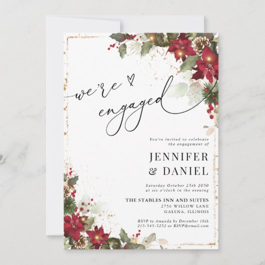 Rustikale Pine Poinsettia-Engagement-Partei Einladung (Vorderseite)