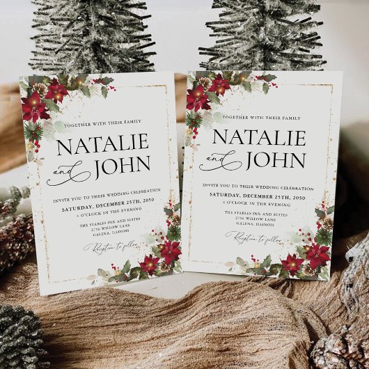 Rustikale Pine Poinsettia Weihnachtsfeier mit Blum Einladung
