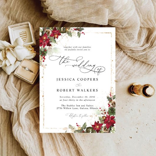 Rustikale Pine Poinsettia Weihnachtsfeier mit Blum Einladung