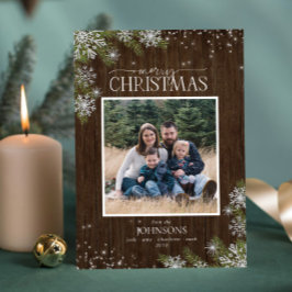Rustikale Pine Snowflakes Merry Wood Family Foto Feiertagskarte