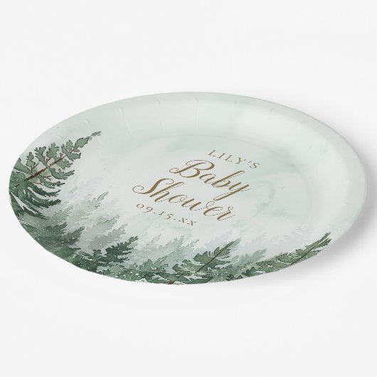 Rustikale Pine Tree Forest Baby Dusche Pappteller (Schrägansicht)