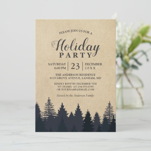 Rustikale Pine Tree Kraft Weihnachtsfeier Einladung (Stehend Vorderseite)
