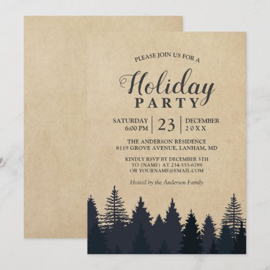 Rustikale Pine Tree Kraft Weihnachtsfeier Einladung (Vorne/Hinten)