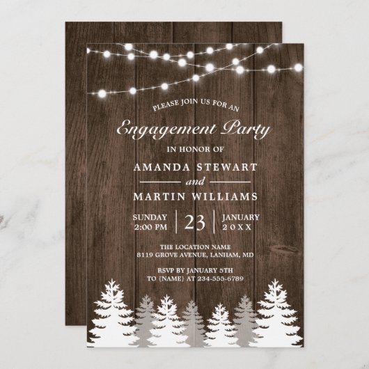 Rustikale Pine Tree String Lights Engagement Party Einladung (Vorne/Hinten)