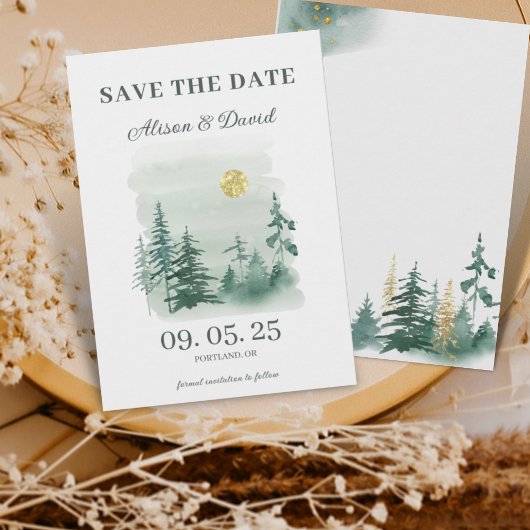 Rustikale Pine Tree Winter Wedding Save the Date Einladung