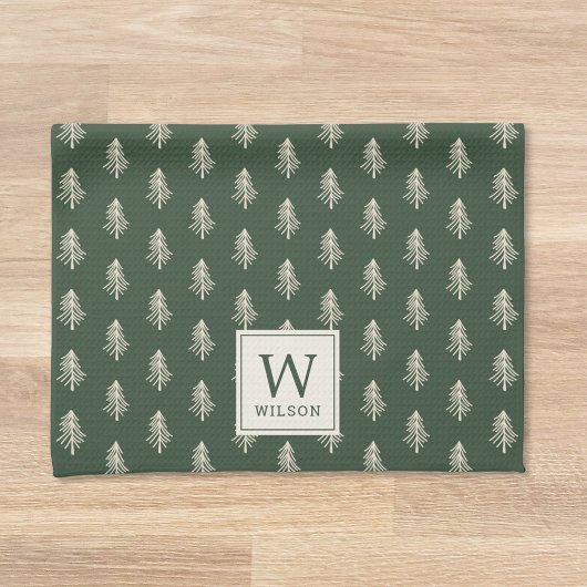 Rustikale Pine Trees Familienname Monogram Weihnac Geschirrtuch
