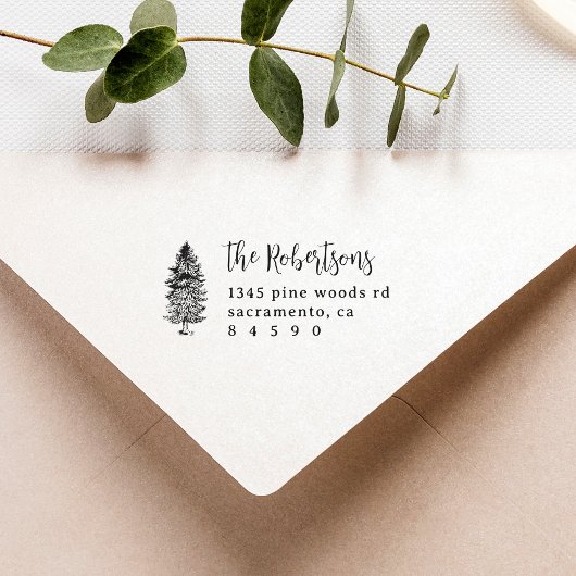 Rustikale Pine Trees Script Rücksendeadresse Gummistempel