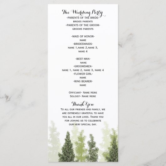 Rustikale Pine Trees Simple Country Wedding Progra Programm (Rückseite)