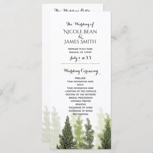 Rustikale Pine Trees Simple Country Wedding Progra Programm (Vorne/Hinten)