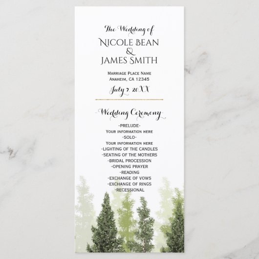 Rustikale Pine Trees Simple Country Wedding Progra Programm (Vorderseite)