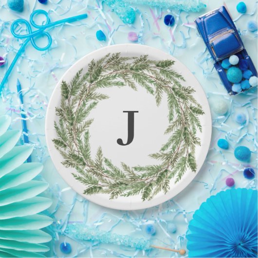 Rustikale Pine Wreath Monogram Holiday Pappteller (Party)