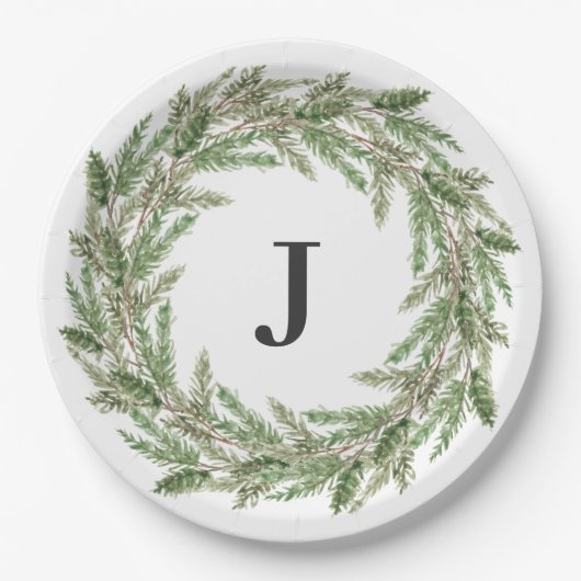 Rustikale Pine Wreath Monogram Holiday Pappteller (Vorderseite)
