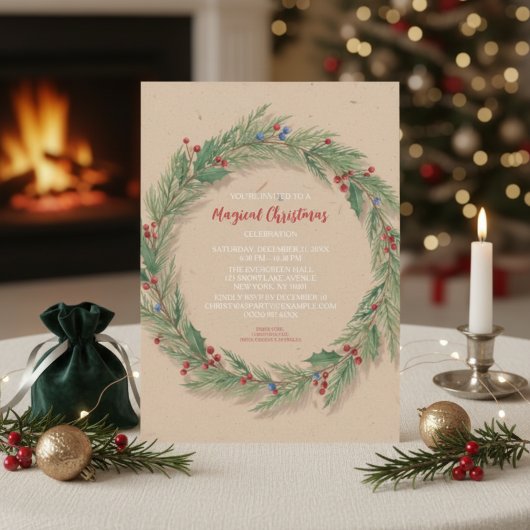 Rustikale Pine Wreath Weihnachtsfeier Einladung