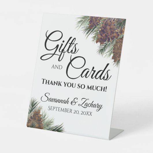 Rustikale Pinecones & Branches Hochzeitsgeschenke Sockelschild (Vorderseite)