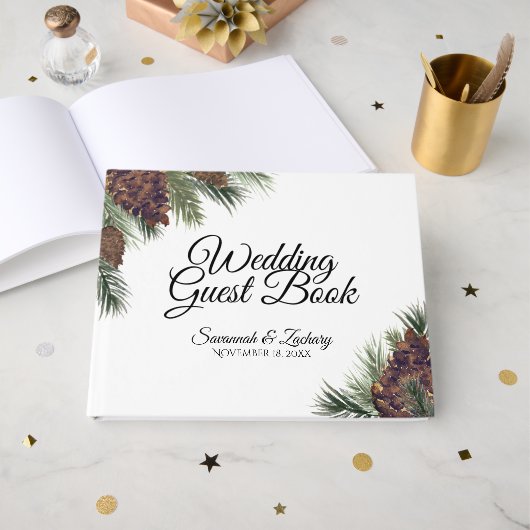 Rustikale Pinecones & Pine Boughs Hochzeit Gästebuch (Vorderseite Offen)